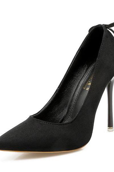 Faux Suede Pointed Toe High Heel Pumps Featuring Ribbon