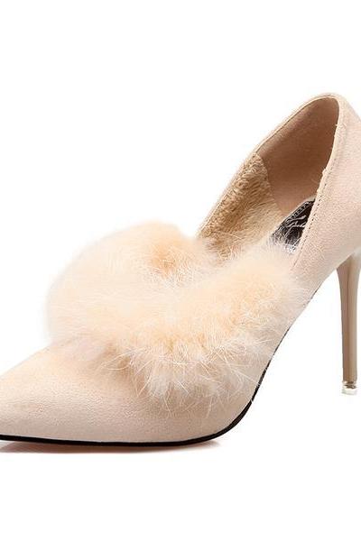 Pointed Toe Suede High Heel Pumps With Faux Fur