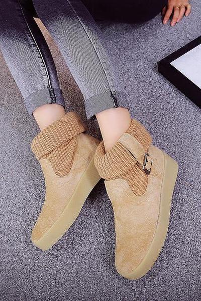 Curled Edge Patchwork Round Toe Flat Short Boots