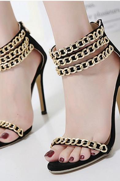 Metal Chain Decorate Open Toe Ankle Wrap Stiletto High Heels Sandals