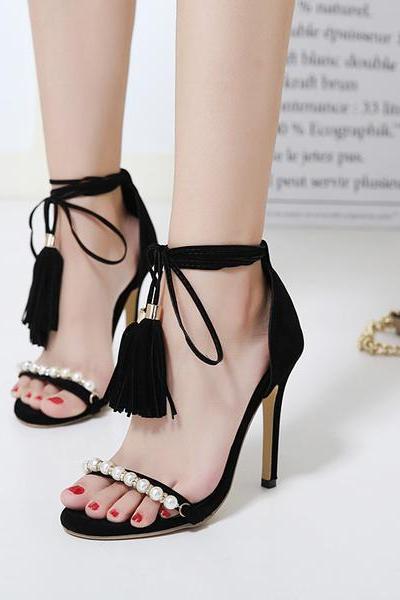 Open-toe Pearl Embellished Ankle Strap Stiletto Heels With Tassels