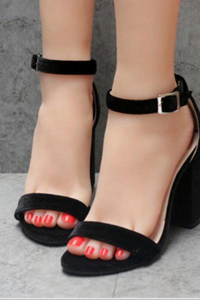 Velvet Ankle Strap Chunky Heel Sandals 