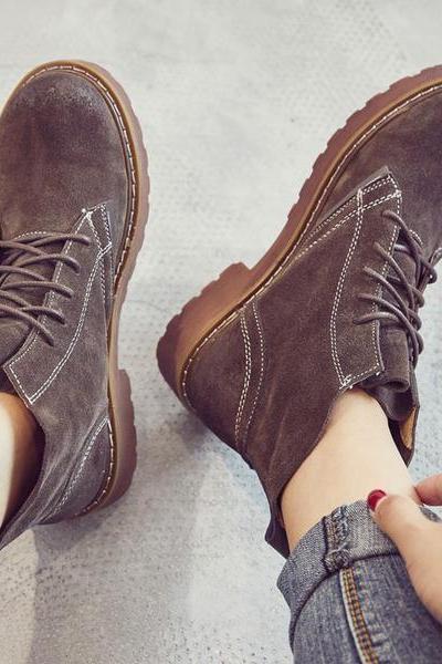 Leather Lace-up Round Toe Flat Short Boots