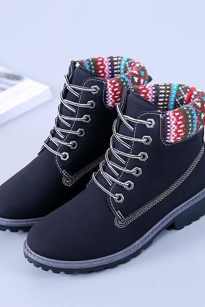 Round Toe Patchwork Lace Up Short Martin Boots