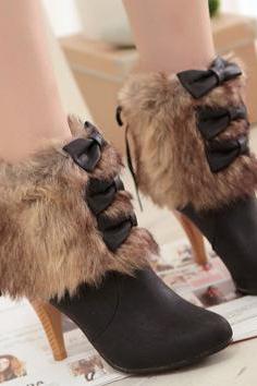 Bowknot Faux Fur Back Zipper Pointed Toe Stiletto High Short Boots