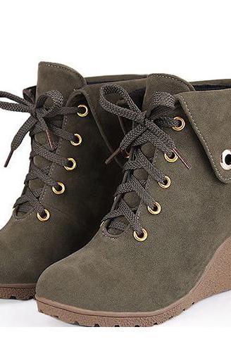 Curled Edge Lace UP Round Toe Wedge Short Boots