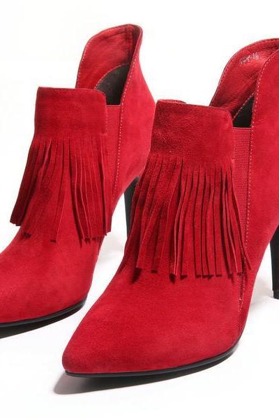 Faux Suede Pointed-Toe High Heel Ankle Boots Featuring Tassel Detailing 