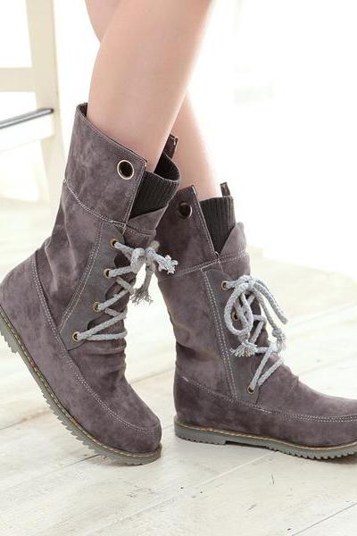 Suede Round Toe Lace Up Half Flat Boots