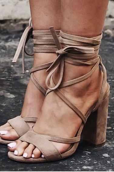 Open Toe Ankle Wraps Lace Up Chunky Heels Sandals