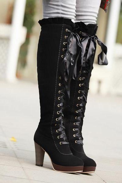 Straps Lace Up Pointed Toe Over-knee Long Boots