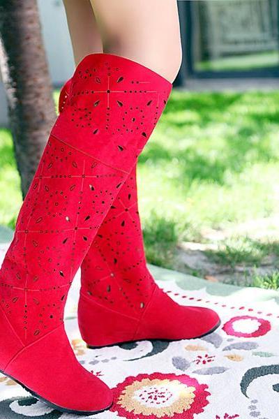 Cut Out Solid Color Inside Heels Knee-Length Long Boots