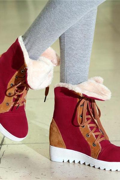 Patchwork Lace Up Inside Heels Short Warm Snow Boots