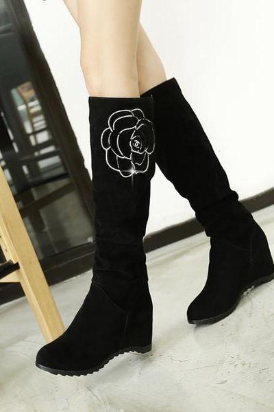 Flower Print Round Toe Inside Heels Knee-length Long Boots