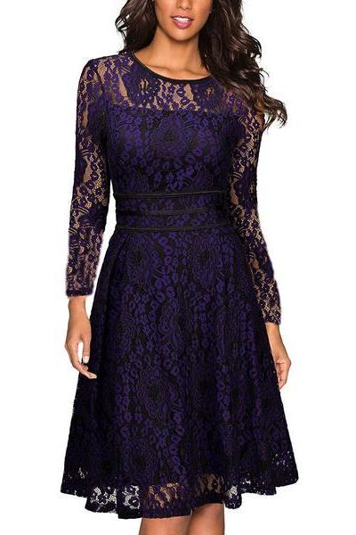 Solid Color Long-sleeved lace necklace zipper Party Dress