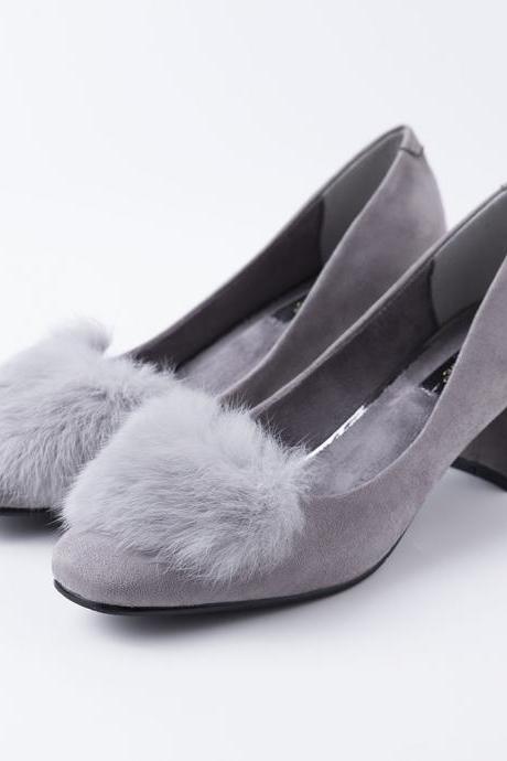Faux Fur Rounded Toe Low Chunky Heel Suede Pumps
