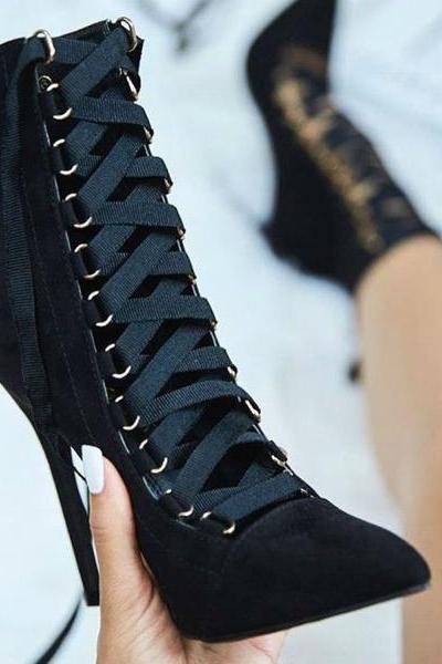 Faux Suede Lace-up Pointed-toe High Heel Mid-calf Boots