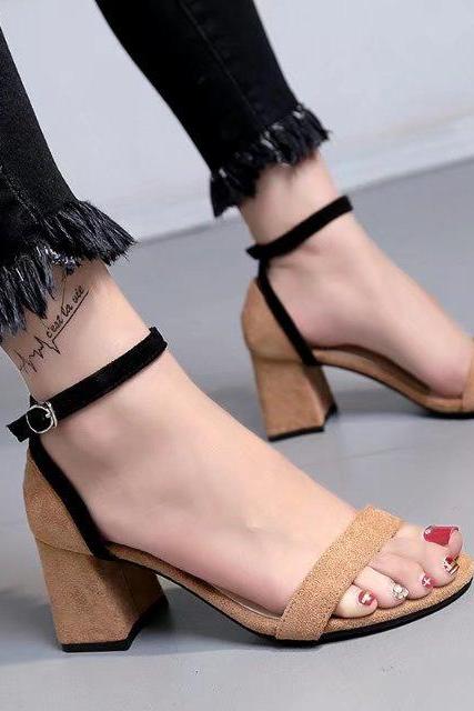 Ankle Wrap Open Toe Low Chunky Heels Sandals