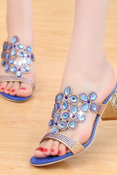 Crystal Open Toe Low Chunky Heels Slippers Sandals