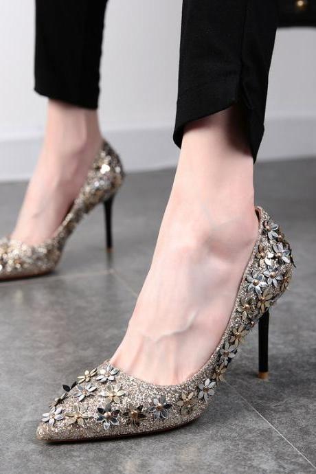 Pointed Toe Sequin High Heel Pumps With Floral Embellishments, Bridal Shoes, Prom Heels