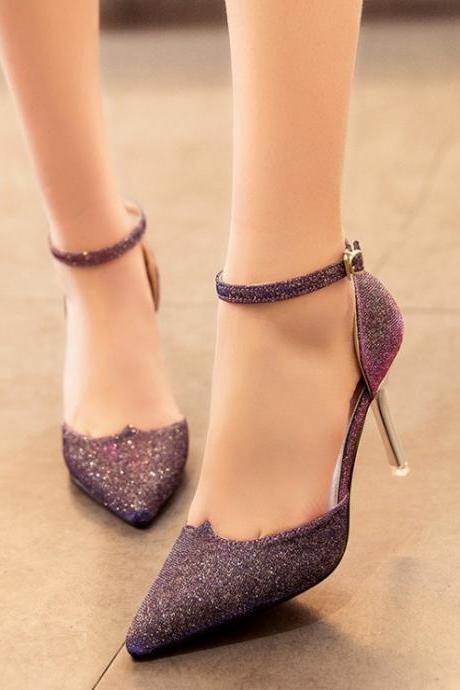 Glitter Pointed-toe Ankle Strap High Heel Stilettos