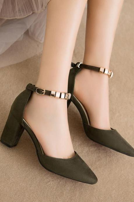 Beadings Ankle Wrap Pointed Toe Low Cut Low Chunky Heels