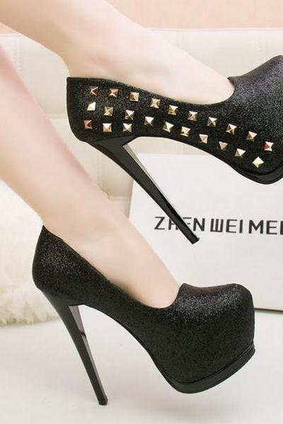 Rivet Shinning Round Toe Platform Stiletto High Heels Prom Shoes