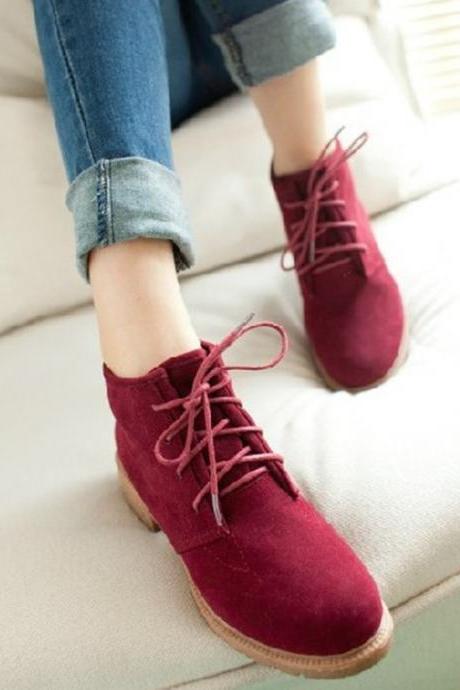 Lace Up Low Chunky Heels Short Boots Shoes