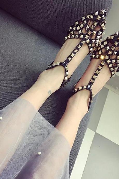 Rivets Hollow Out Pointed Toe Ankle Wrap Stiletto High Heels