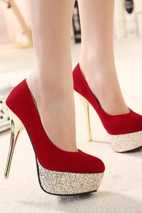 Sequins Round Toe Platform Super High Stiletto Heels Prom Shoes