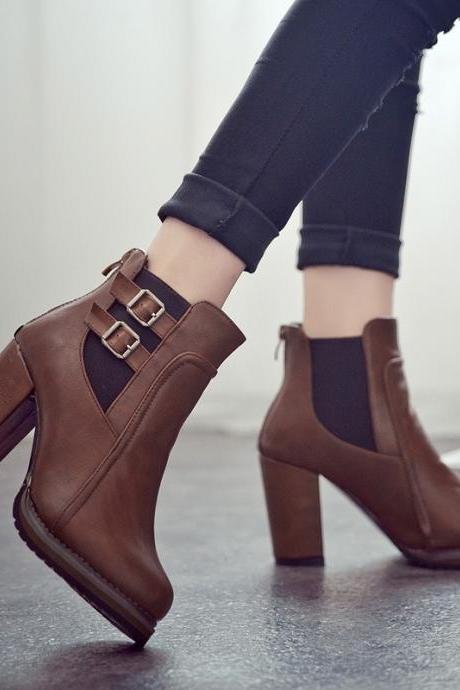Pointed Toe Hasp Middle Chunky Heels Short Boots