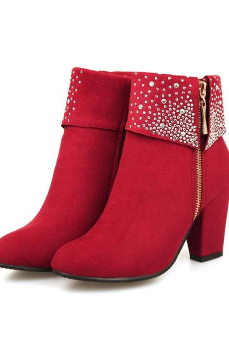 Rivet Embellished Faux Suede Rounded-toe Chunky Heel Ankle Boots Featuring Side Zipper