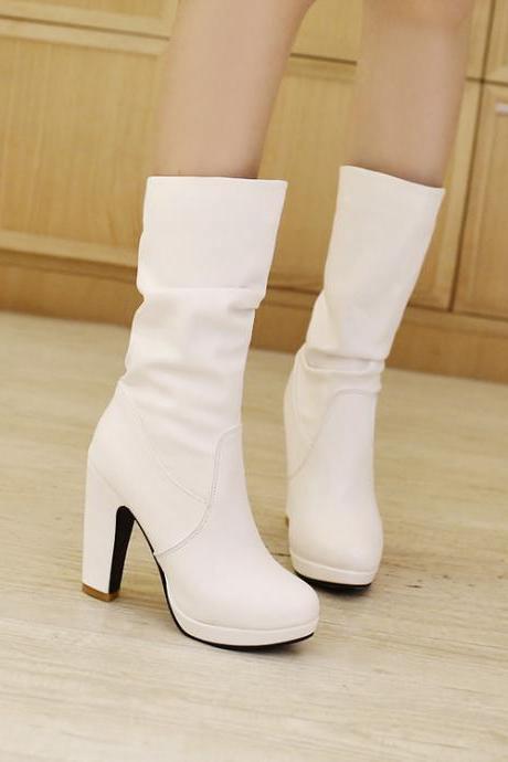 Roman Round Toe Chunky Middle Heels Half Boots