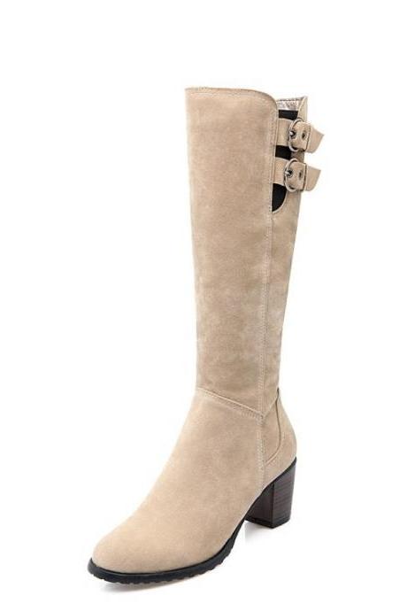 Hasp Solid Color Round Toe Low Chunky Heels Long Boots