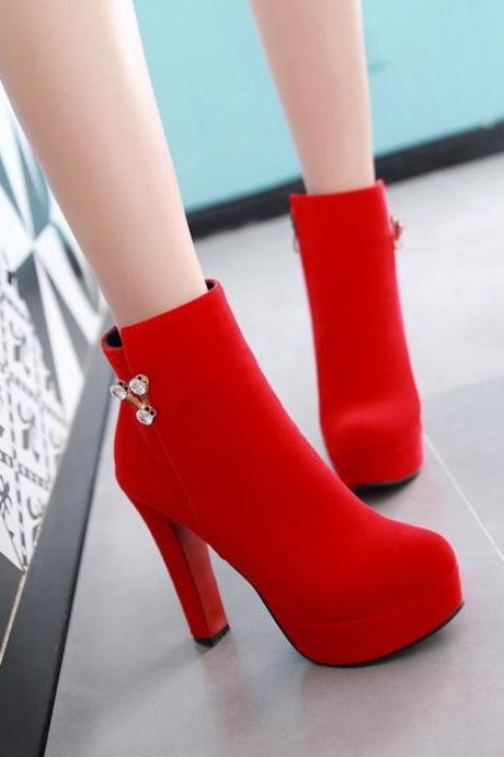 Solid Color Round Toe Crystal Decorate High Heels Short Boots