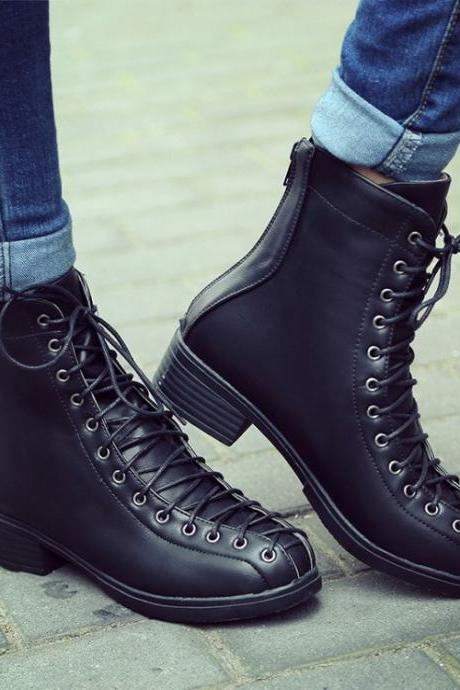European Lace Up Round Toe Low Chunky Heels Short Boots