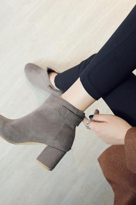 Faux Suede Rounded-toe Chunky Heel Ankle Boots