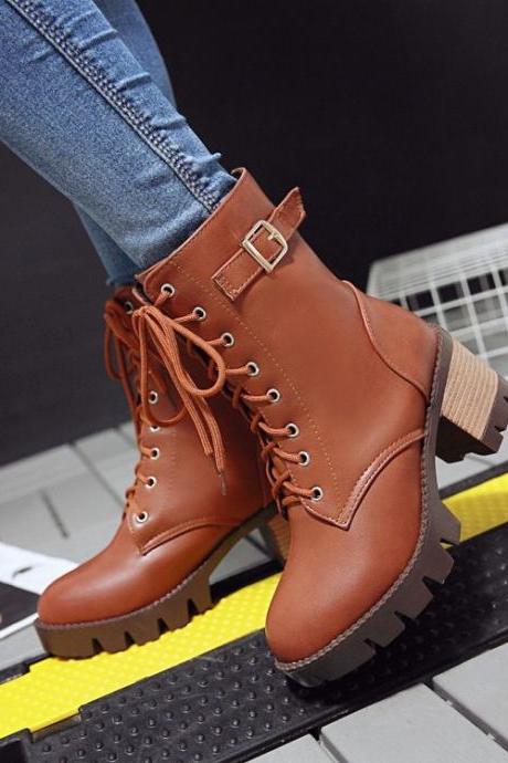 Lace Up Middle Chunky Heels Short Martin Boots
