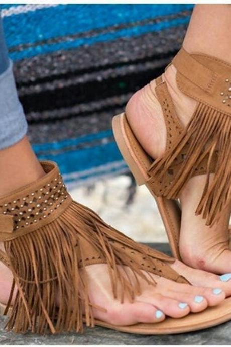 Tassels Ankle Wrap Slip-on Open Toe Flat Sandals