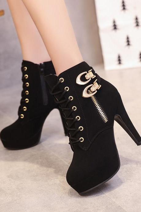 Lace Up Side Zipper Round Toe Stiletto High Heels Short Boots