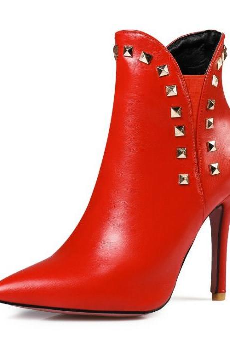Faux Leather Rivet Embellished Pointed-toe High Heel Ankle Boots