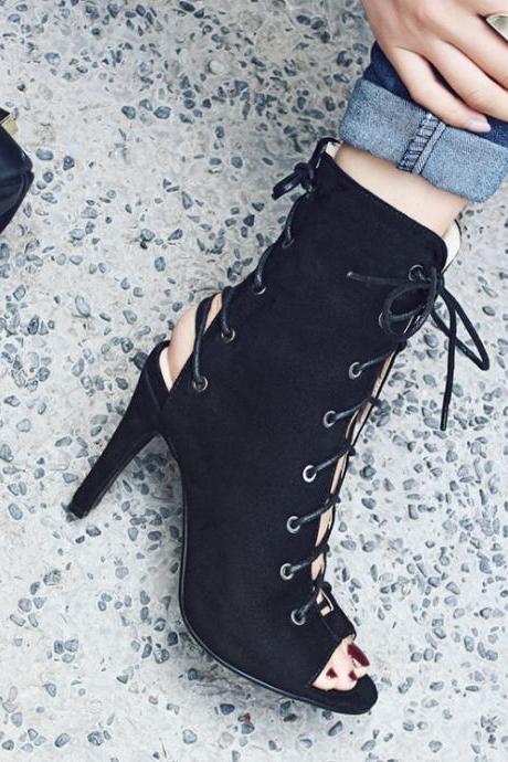 Lace-up High Heel Open Toe Ankle Boots With Cut Out Back Heel