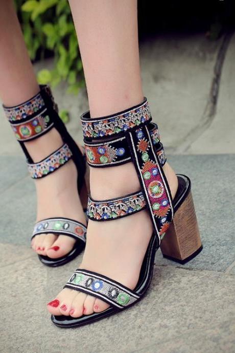 Retro Open Toe Ankle Wrap High Chunky Heels Sandals