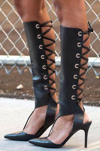 Faux Leather Pointed-Toe Knee-Length Corset-Inspired High Heels