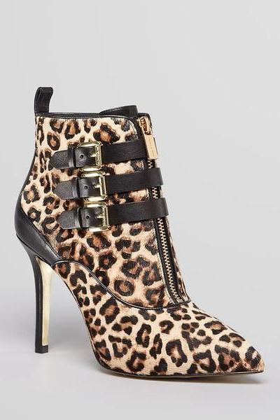 Leopard Pointed Toe Zipper Stiletto High Heels Short Boots