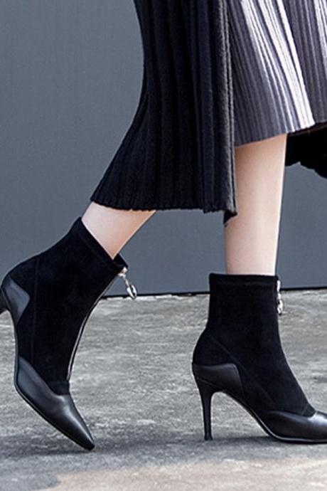 Front Hoop Zipper Pointed Toe High Heel Ankle Boots