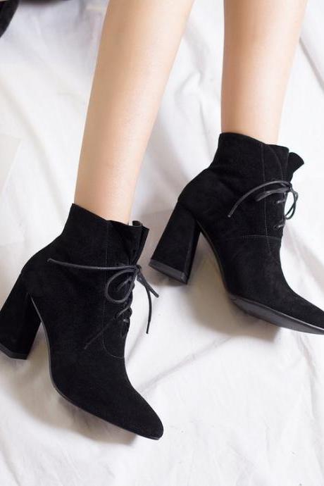 Faux Suede Lace-up Pointed-toe Block Heel Ankle Boots