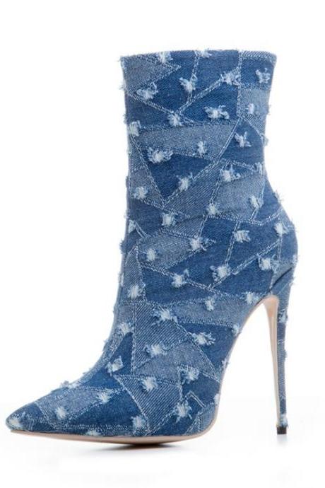 Denim Patchwork Pointed-Toe Mid-Calf High Heel Boots 