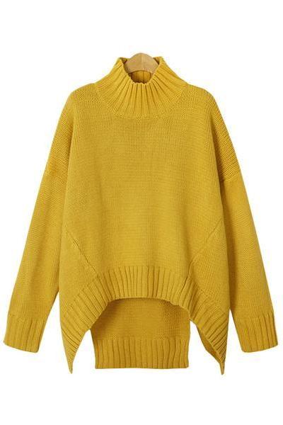 Solid Color High Neck Irregular Loose Sweater