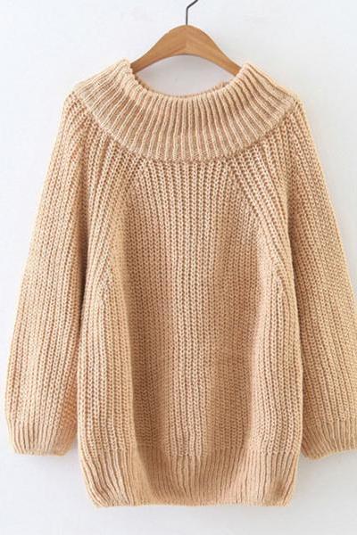 Scoop Long Lantern Sleeves Solid Color Loose Sweater