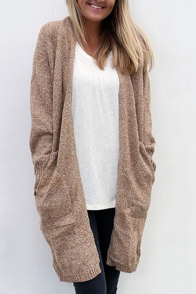 Loose Solid Color Pockets Open Long Cardigan